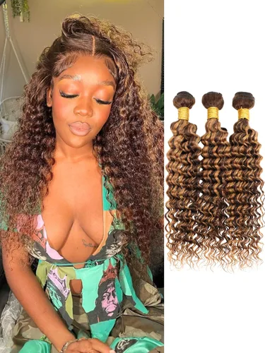 Miniatura 61 de P4/27 Cabello Humano Solitario de Onda Profunda con Reflejos Rubios Miel, 12A 100% Tejido Brasileño Virgen Ondulado Grueso con Mechas Ombre Marrón
