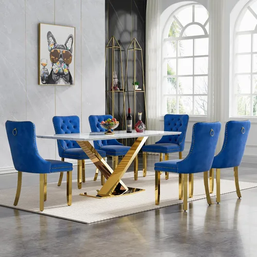 Miniatura 35 de Juego de mesa de comedor de 7 piezas con sillas, mesa de comedor de mármol sintético y sillas beige para 6, juego de mesa de comedor de oro blanco