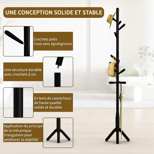 Miniatura 3 de Perchero de madera maciza, perchero independiente en forma de árbol con 11 ganchos, poste principal de 1.6 pulgadas de diámetro para ropa, soporte