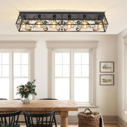 Miniatura 6 de Garwarm Lámpara de techo rectangular de montaje empotrado de 6 luces, lámpara de araña negra enjaulada de metal de 38 pulgadas, lámpara de techo