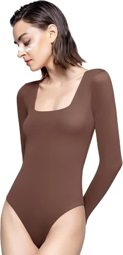 Miniatura 21 de PUMIEY Body sexy de manga larga con cuello cuadrado para mujer, colección Smoke Cloud