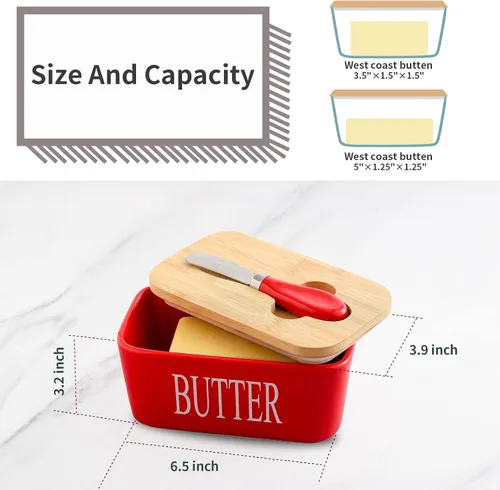 Miniatura 3 de Hasense Mantequillera de porcelana con tapa de bambú - Mantequillera cubierta con cuchillo de mantequilla para encimera, recipiente hermético de Rojo