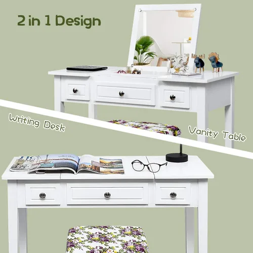 Miniatura 4 de CHARMAID Escritorio de tocador de maquillaje con espejo abatible superior, 3 cajones, 7 compartimentos de almacenamiento, escritorio blanco