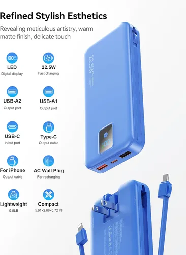 Miniatura 6 de Cargador portátil, cargador de batería de carga rápida de 12000 mAh 22.5 W con cables integrados y enchufe de pared, paquete de baterías esenciales