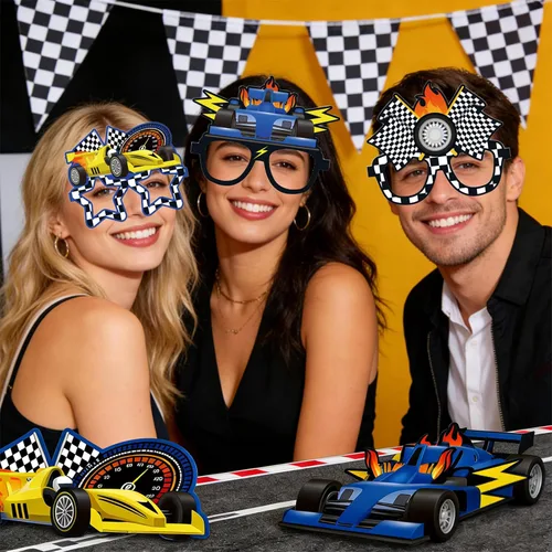 Miniatura 5 de 12 piezas de decoración de fiesta de coches de carreras, anteojos de papel, accesorios para cabina de fotos, suministros para fiestas de cumpleaños