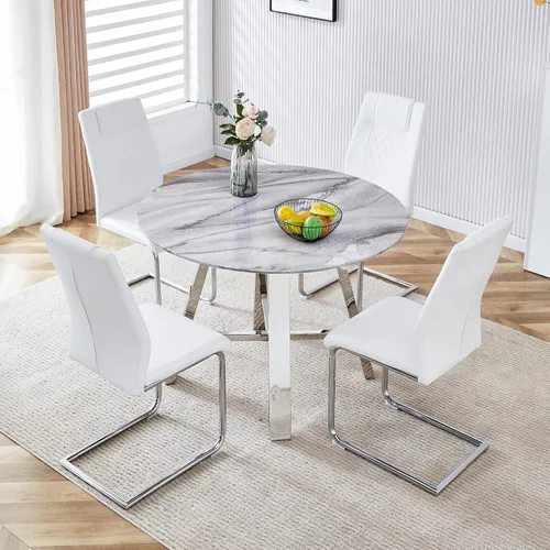 Miniatura 15 de Juego de 4 sillas de comedor redondas de 42 pulgadas para 4, sillas de mesa de cocina modernas para 4 mesas de comedor de mármol sintético, sillas