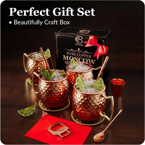 Miniatura 2 de COPPER-BAR Tazas de cobre Moscow Mule – Juego de 4 tazas de regalo únicas hechas a mano, martilladas por artesanos, tazas de cobre sólido 100% puro