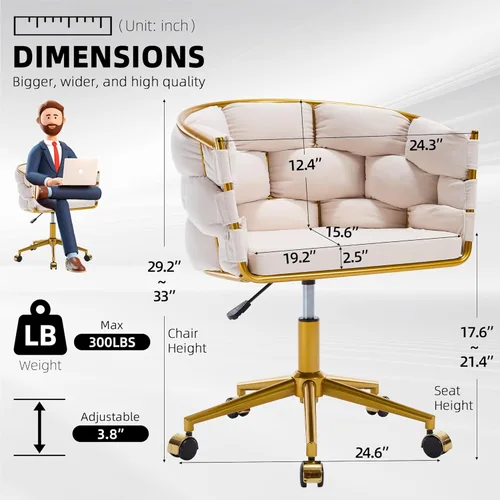 Miniatura 3 de Westice Silla de escritorio de terciopelo, silla dorada para oficina en casa con respaldo tapizado de terciopelo tejido a mano, silla giratoria