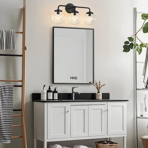 Miniatura 7 de Lámparas de Tocador de Baño Negras Sobre Espejo, Aplique de Pared Moderno Negro Mate de 3 Luces con Pantalla de Bola de Vidrio Transparente, Luces