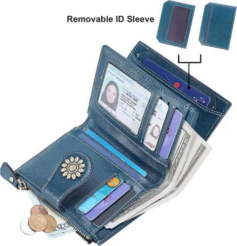 Miniatura 2 de Lavemi Cartera de cuero para mujer pequeña compacta con bloqueo RFID con bolsillo con cremallera