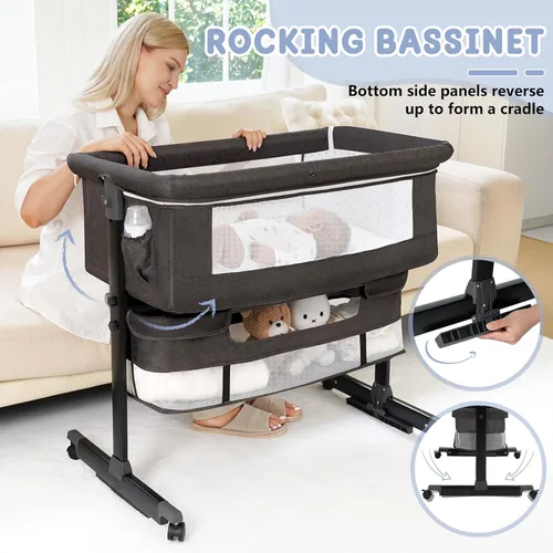Miniatura 4 de Moisés para bebé, 3 en 1, para poner al lado de la cama, con ruedas, altura ajustable con modo de balanceo, malla transpirable, cesta