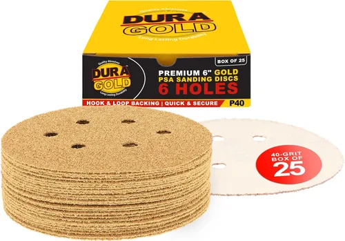 Dura-Gold Discos de papel de lija dorados de grano 40 de 6 pulgadas, patrón de 6 agujeros, sin polvo, caja de 25 – Soporte de gancho y bucle para