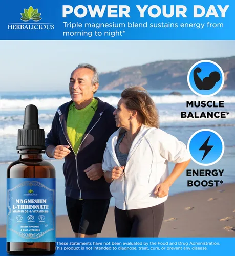 Miniatura 3 de HERBALICIOUS Líquido complejo de magnesio con vitamina D3 y B6 - Citrato de alta absorción, glicinato y L-treonato - Apoya la energía, el estado