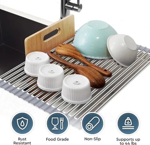 Miniatura 7 de Zulay Kitchen Escurridor de platos sobre el fregadero, diseño de acero inoxidable resistente enrollable para un fácil almacenamiento y durabilidad.