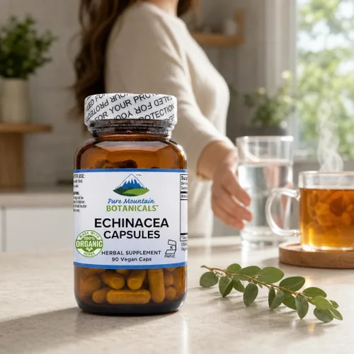 Miniatura 6 de Pure Mountain Botanicals Cápsulas de equinácea - Raíz orgánica de Angustifolia - 420 mg - 90 cápsulas - Suministro para 90 días - Suplemento Kosher
