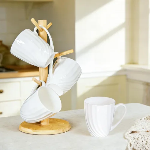 Miniatura 5 de Juego de 4 tazas de café blancas de porcelana fina (12 oz), tazas de té de cerámica con patrón en espiral, tazas de café de porcelana fina, tazas