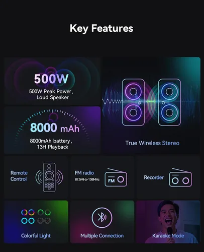 Miniatura 13 de GKD60 - Máquina de karaoke con 2 micrófonos inalámbricos para adultos, altavoz portátil de fiesta Bluetooth, sistema PA de potencia máxima de 500 W