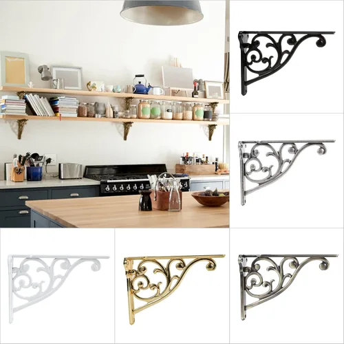 Miniatura 5 de Soportes de estante de 8 pulgadas, paquete de 4 soportes de pared de latón antiguo de alta resistencia, estantes decorativos de cocina victoriana
