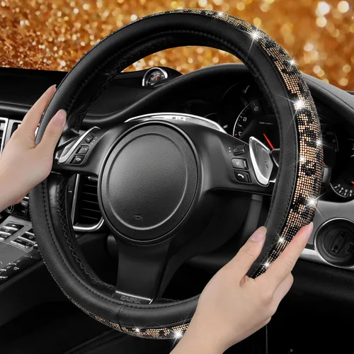 Miniatura 3 de CAR PASS - Funda de volante con diamantes brillantes de imitación y patrón de leopardo, con cristales de imitación brillantes para mujer