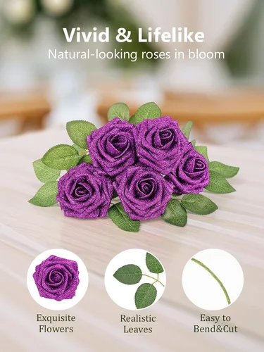 Miniatura 252 de N&T NIETING Flores artificiales, rosas artificiales de color rosa intenso, 50 piezas de flores falsas con tallo para ramos de boda DIY, centros