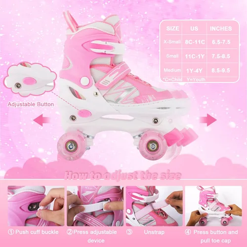 Miniatura 2 de Patines de ruedas para niños y niñas, niños pequeños, principiantes, ajustables, 4 tamaños, patines cuádruples para niños con todas las ruedas