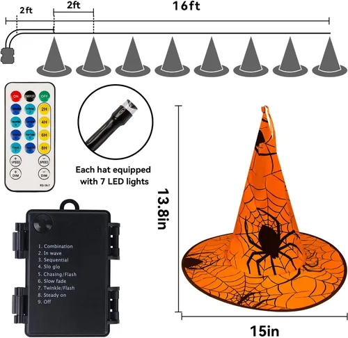 Miniatura 3 de WATERGLIDE Decoraciones de Halloween, 8 sombreros de bruja colgantes iluminados, con 8 modos de iluminación, cadena de luces de Halloween de 16