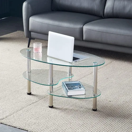 Miniatura 6 de Mesa de té de vidrio ovalada para oficina, mesa de centro moderna de 3 niveles, mesa auxiliar para sala de estar (negro)