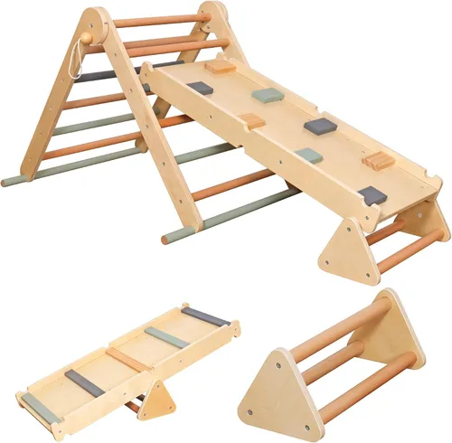 Miniatura 2 de Juego de escalada plegable para niños con escalera, rampa, haz de equilibrio; juguetes de escalada de madera triangular para niños pequeños de 1 a 3