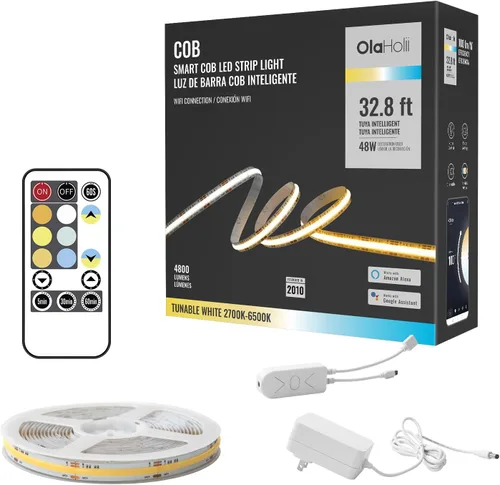 Tira de luz LED COB inteligente de 32.8 pies, blanco sintonizable, 2700K-6500K, regulable, brillante, WiFi, tira de luz LED COB compatible con Alexa