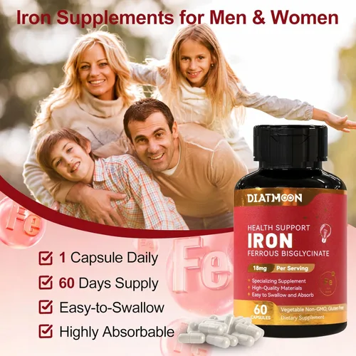 Miniatura 5 de Paquete de 2 suplementos de hierro para mujeres y hombres, cápsulas de bisglicinato de hierro altamente absorbentes para adultos, veganas, sin OMG