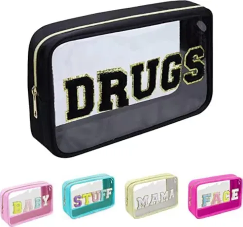 Miniatura 6 de Bolsa de maquillaje grande con letras de felpilla transparente para viajes, playa, bolsa de cosméticos con purpurina transparente, bolsa de Negro