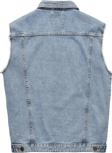 Miniatura 12 de JYG Chaleco de mezclilla para hombre, casual, elástico, estilo camionero, chalecos, a la moda, vintage, sin mangas, chaleco