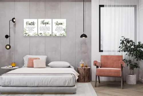 Miniatura 3 de Fe, Esperanza y Amor Arte de Pared con Versículos de la Biblia - Inspirador Arte Cristiano en Lienzo, Gran Decoración Religiosa para Sala de Estar