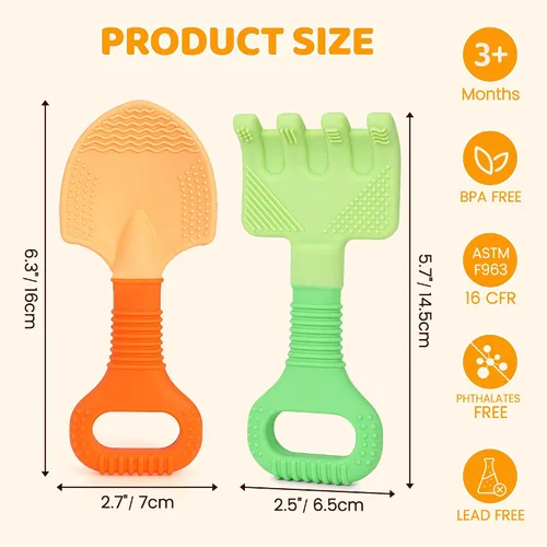 Miniatura 8 de Juguetes de dentición para bebés, juguetes mordedores de jardín para bebés, palas y rastrillos, mordedores de silicona para bebés de 0 a 6 a 12