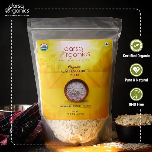 Miniatura 7 de Darsa Organics Poha (Powa) Bolsa con cremallera resellable de 2 libras, arroz grueso aplanado con textura esponjosa, certificado orgánico USDA, sin