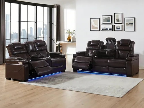 Miniatura 14 de THSUPER Sillón reclinable de cuero transpirable y sofá de dos plazas con luz LED, sofá reclinable para cine en casa con reposacabezas ajustable/luz