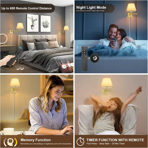 Miniatura 3 de TRLIFE Aplique de pared regulable, control remoto de atenuación 10-100% y temperatura de color ajustable 2700K-6500K luces de pared de latón Mando