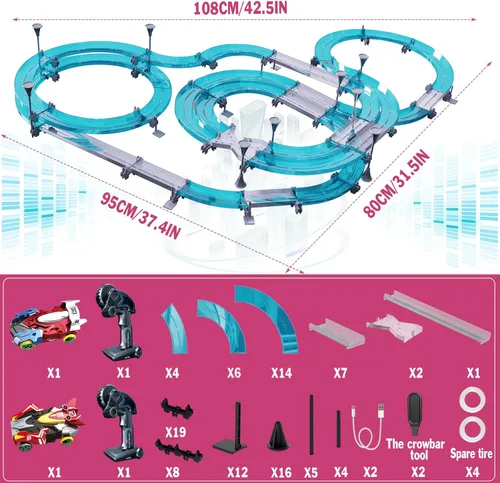 Miniatura 5 de Juegos de pistas de carreras de coches de ranura eléctrico a control remoto para niños, juego de carreras eléctrico recargable con controladores