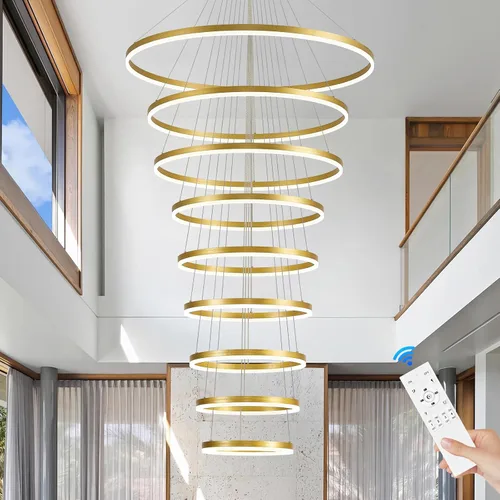 Miniatura 10 de Benkut 5 Anillos D31.5 Lámpara de Araña LED Moderna Negra Grande Regulable Circular para Techo Alto con Control Remoto para Vestíbulo, Comedor, Sala