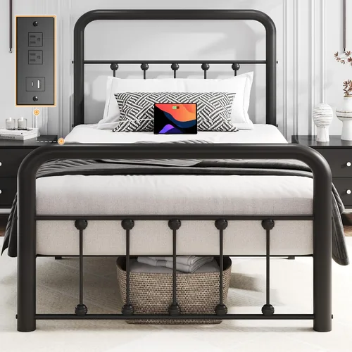 Miniatura 3 de Fluest - Base de cama de 14 pulgadas para cama individual clásica de metal con plataforma, estación de carga y LED, cabecero y pie