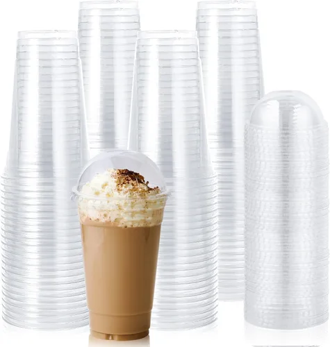 Lilymicky 90 juegos de vasos de plástico transparente de 20 onzas con tapas de cúpula, vasos de plástico desechables de 20 onzas para café helado,