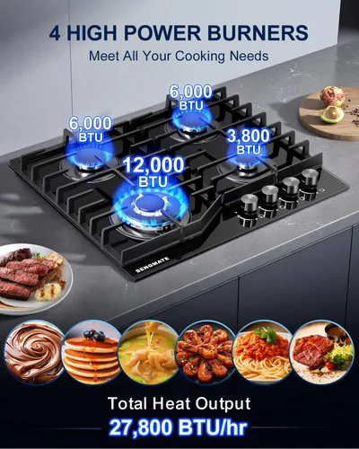 Miniatura 3 de Placa de cocina de gas de 24 pulgadas, estufa de gas de 4 quemadores, diseño integrado o de encimera, vidrio templado negro, convertible a NG/LPG