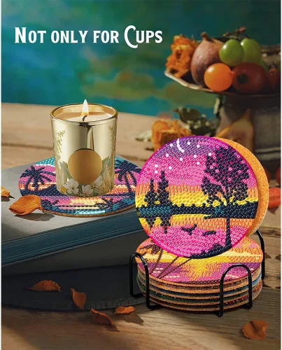 Miniatura 7 de Clendo 8 Piezas de Kits de Posavasos de Pintura de Diamante, Kits de Arte de Diamante de Paisaje DIY con Soporte, Pequeños Kits de Pintura