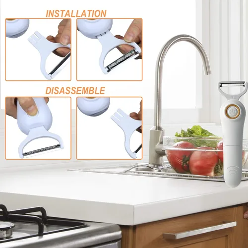 Miniatura 6 de Pelador eléctrico de frutas y verduras, juego profesional de pelador de patatas de mano, cortador de cocina con 3 cuchillas intercambiables