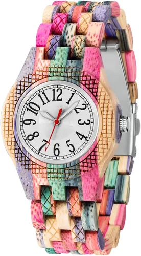 Miniatura 10 de Tiong Reloj de madera para mujer con correa de madera, diseño clásico analógico, colorido, de bambú, relojes para mujeres, parejas