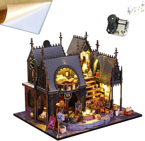 Miniatura 6 de Rompecabezas de madera DIY modelo arquitectónico 3D Mini kit de muebles de casa de muñecas con música y luces LED, habitación creativa mejor