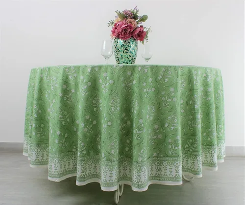 Miniatura 50 de Ridhi Mantel redondo de algodón reutilizable con estampado de bloque a mano, color verde espárragos, 60 pulgadas, mantel decorativo para uso diario