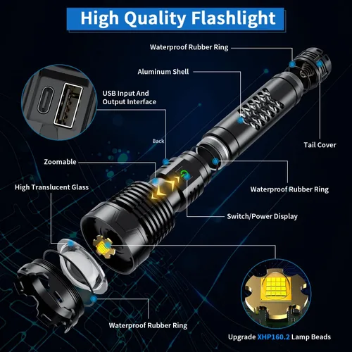 Miniatura 7 de Linterna LED súper brillante Weoxi, 1000000 lúmenes recargables con mango largo, batería de 10000mAh, 5 modos con zoom para camping al aire libre