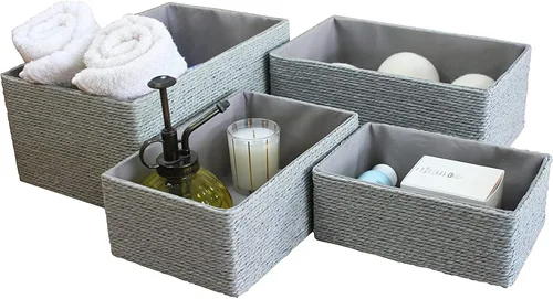 LA JOLIE MUSE Juego de 4 Cestas de Almacenamiento - Cesta Tejida Apilable de Cuerda de Papel, Contenedor, Cajas de Almacenamiento para Maquillaje