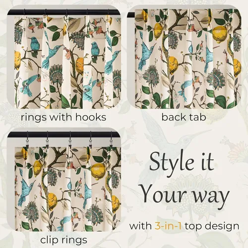 Miniatura 2 de Cortinas beige para cocina, 36 pulgadas de largo, diseño floral botánico de limón y colibrí, cortinas plisadas para oscurecer la habitación